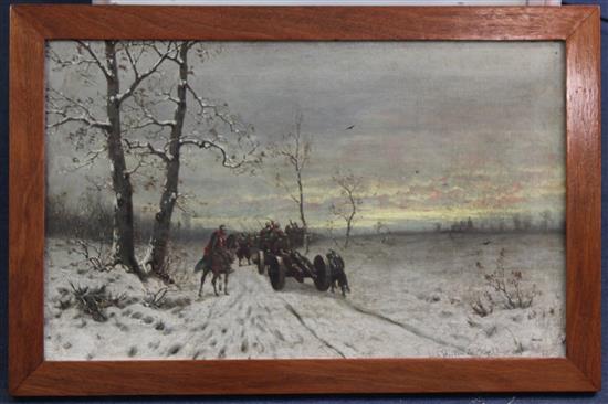 Friedrich Josef Nicolai Heydendahl (German, 1844-1906) Soldiers and gun carriage in the snow, 16 x 26in.